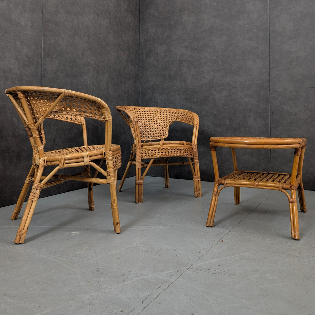 1970s Rattan and Cane Barrel Chair Suite with Matching Coffee Table
