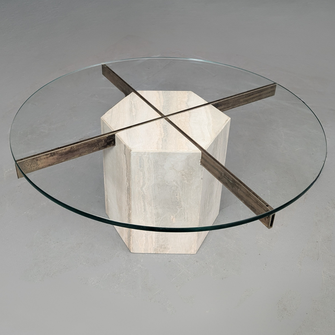 1970s Italian Travertine Coffee Table with Glass Top by Artedi Italy