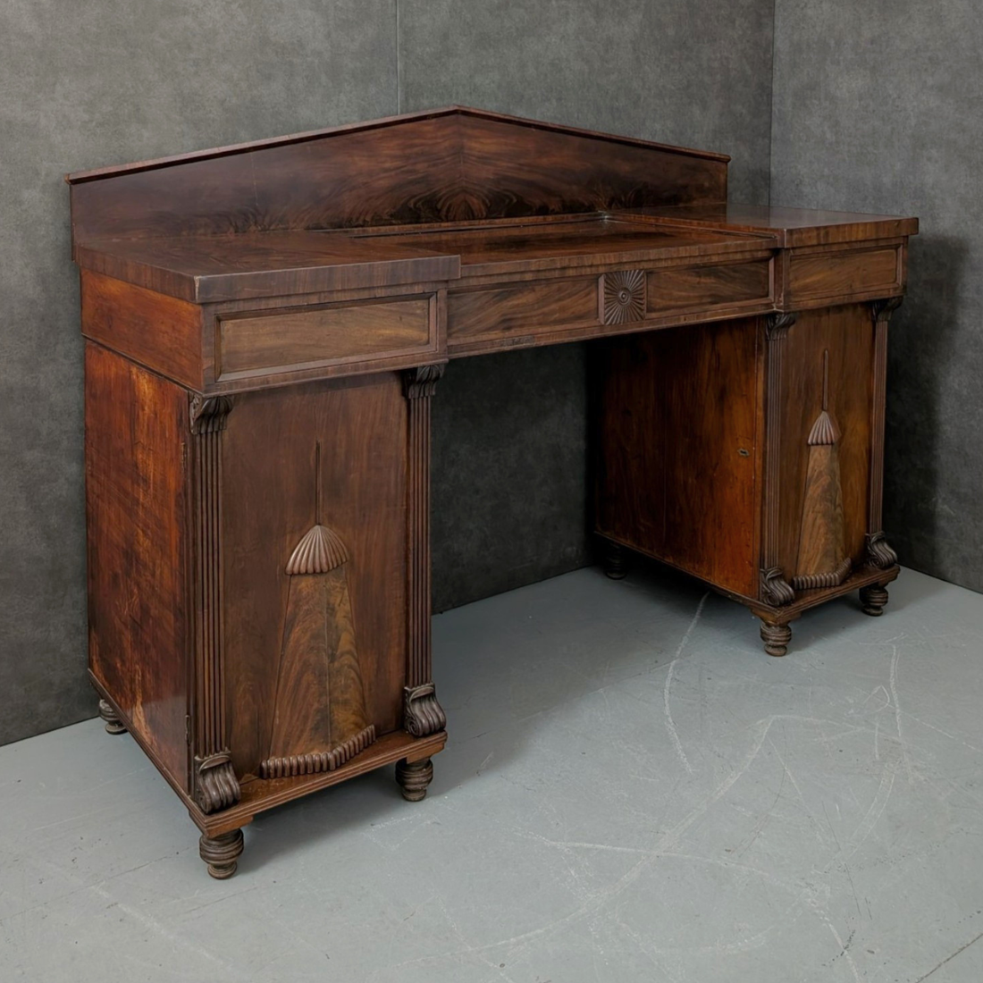 William IV Inverted Breakfront Double Pedestal Sideboard England, Circa 1830 Flame Mahogany