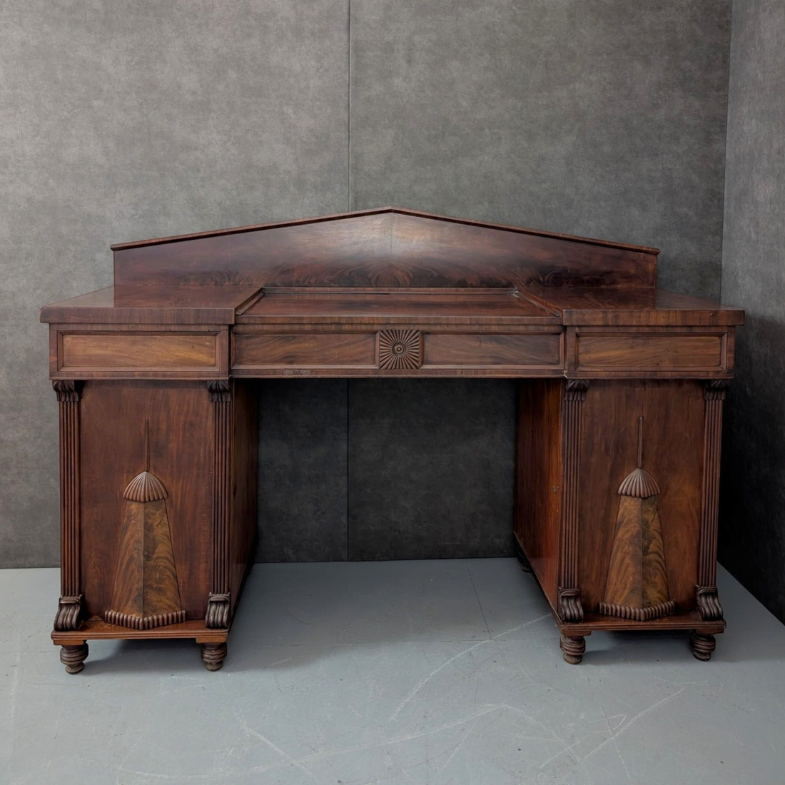 William IV Inverted Breakfront Double Pedestal Sideboard England, Circa 1830 Flame Mahogany