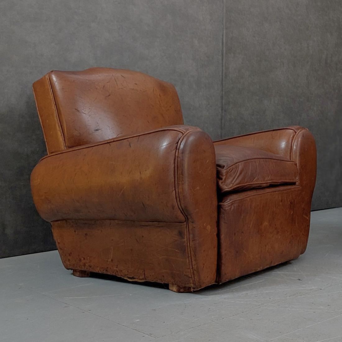 Vintage French Moustache Club Armchair in Cognac Leather