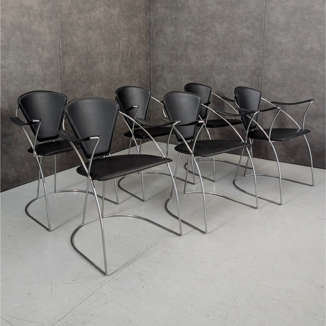 9 Italian 1980s Chrome and Black Leather Armchairs by Arrben
