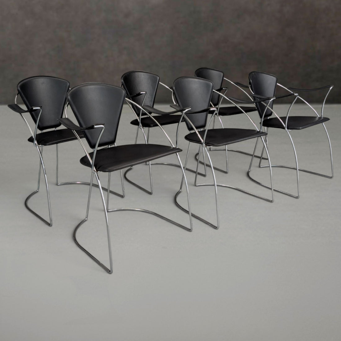 6 Italian 1980s Chrome and Black Leather Armchairs by Arrben