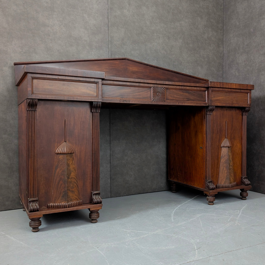 William IV Inverted Breakfront Double Pedestal Sideboard England, Circa 1830 Flame Mahogany