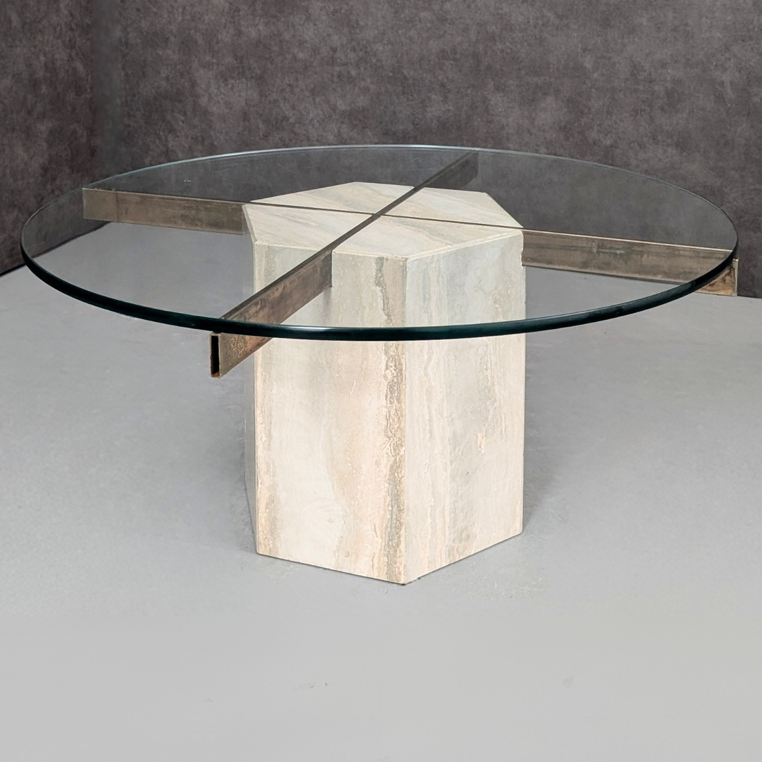1970s Italian Travertine Coffee Table with Glass Top by Artedi Italy