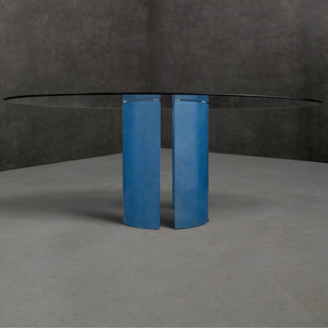 ON HOLD - 1980s Italian Glass Oval Dining Table with Frosted Blue Glass Pedestal