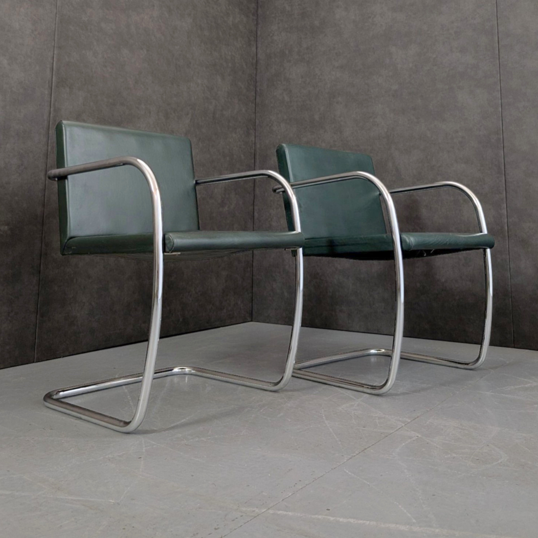 Vintage Brno Style Tubular Steel Armchairs Green Leather