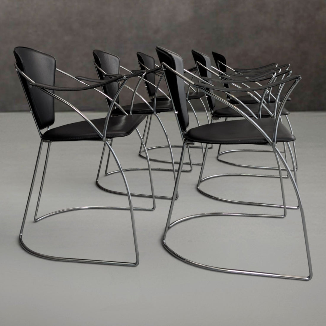 6 Italian 1980s Chrome and Black Leather Armchairs by Arrben