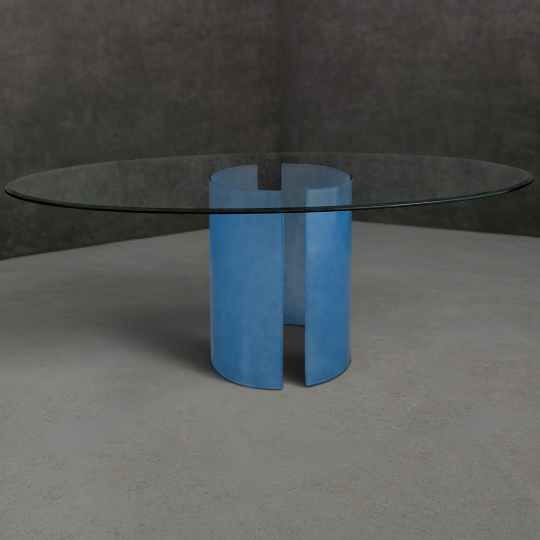 ON HOLD - 1980s Italian Glass Oval Dining Table with Frosted Blue Glass Pedestal