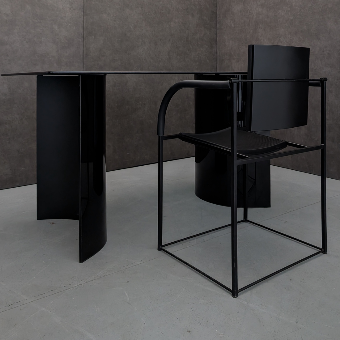 1980s Comoda Chair by Maurizio Peregalli for Zeus Noto with Black Glass Pedestal Desk/Table