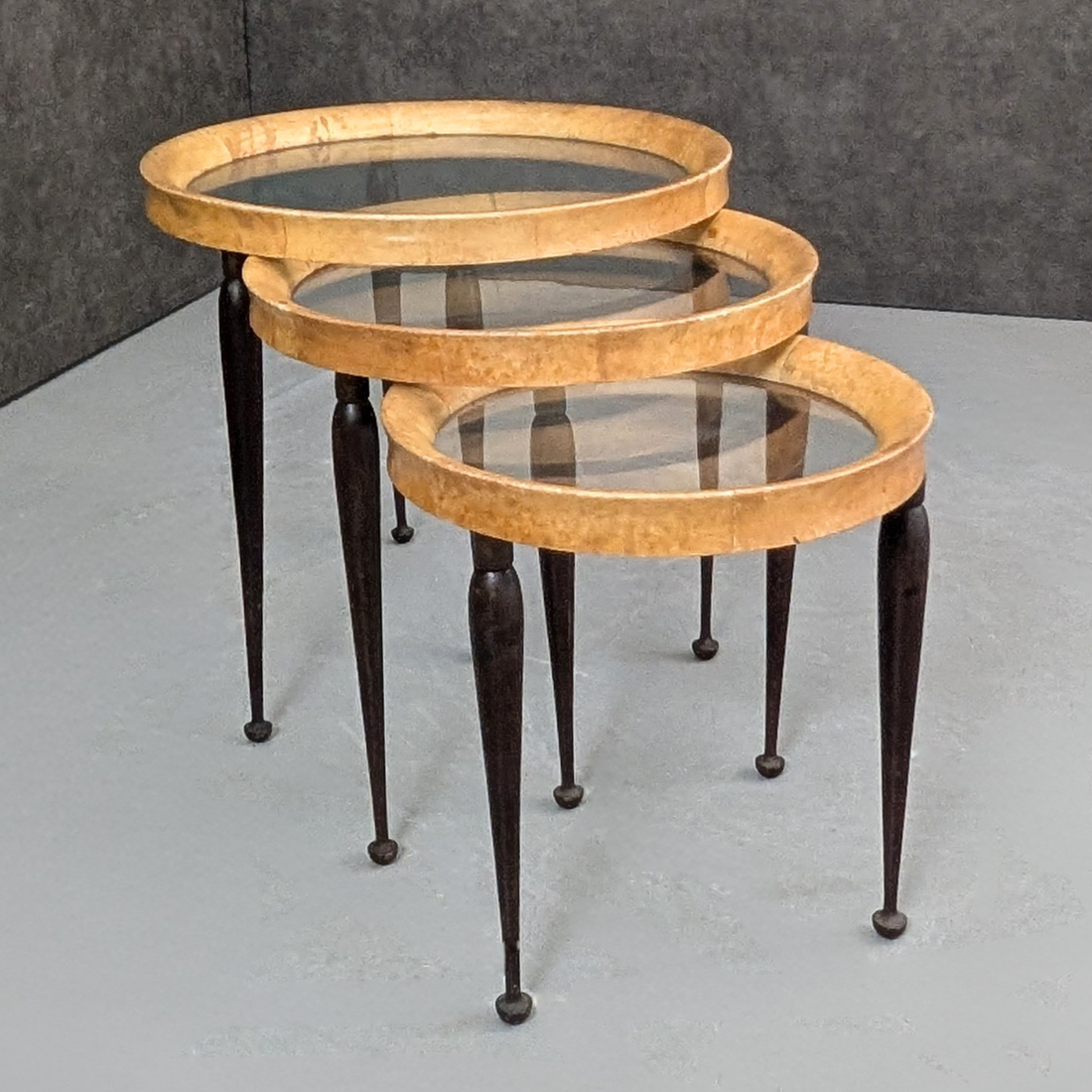 Nest of Three Italian Goatskin and Glass Nesting Tables in the Manner of Aldo Tura Circa 1950s