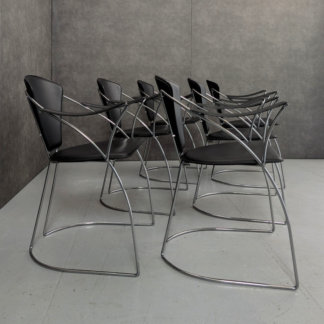 9 Italian 1980s Chrome and Black Leather Armchairs by Arrben