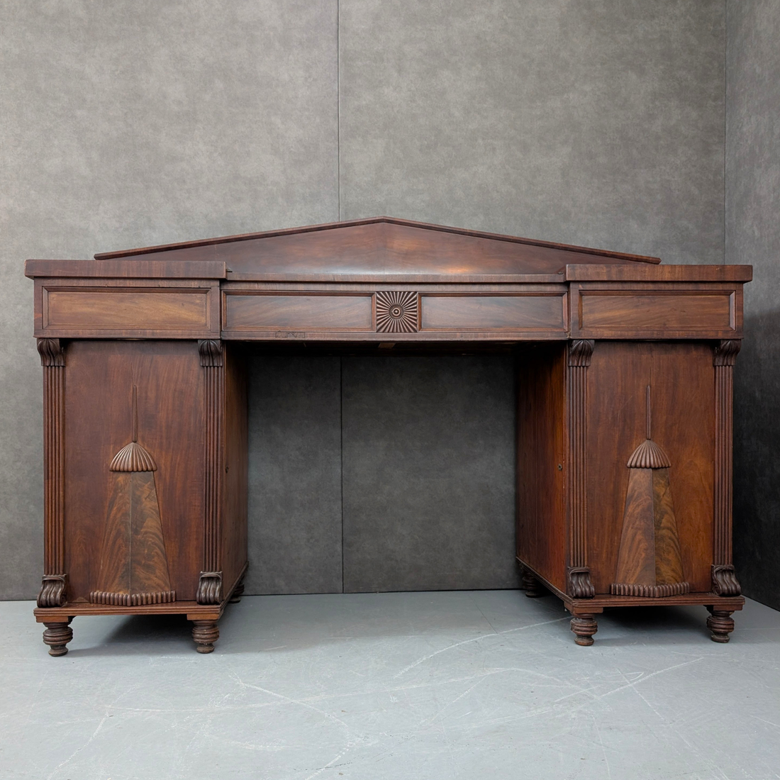 William IV Inverted Breakfront Double Pedestal Sideboard England, Circa 1830 Flame Mahogany