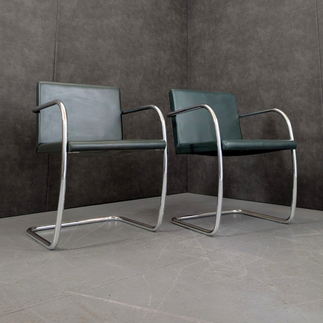 Vintage Brno Style Tubular Steel Armchairs Green Leather