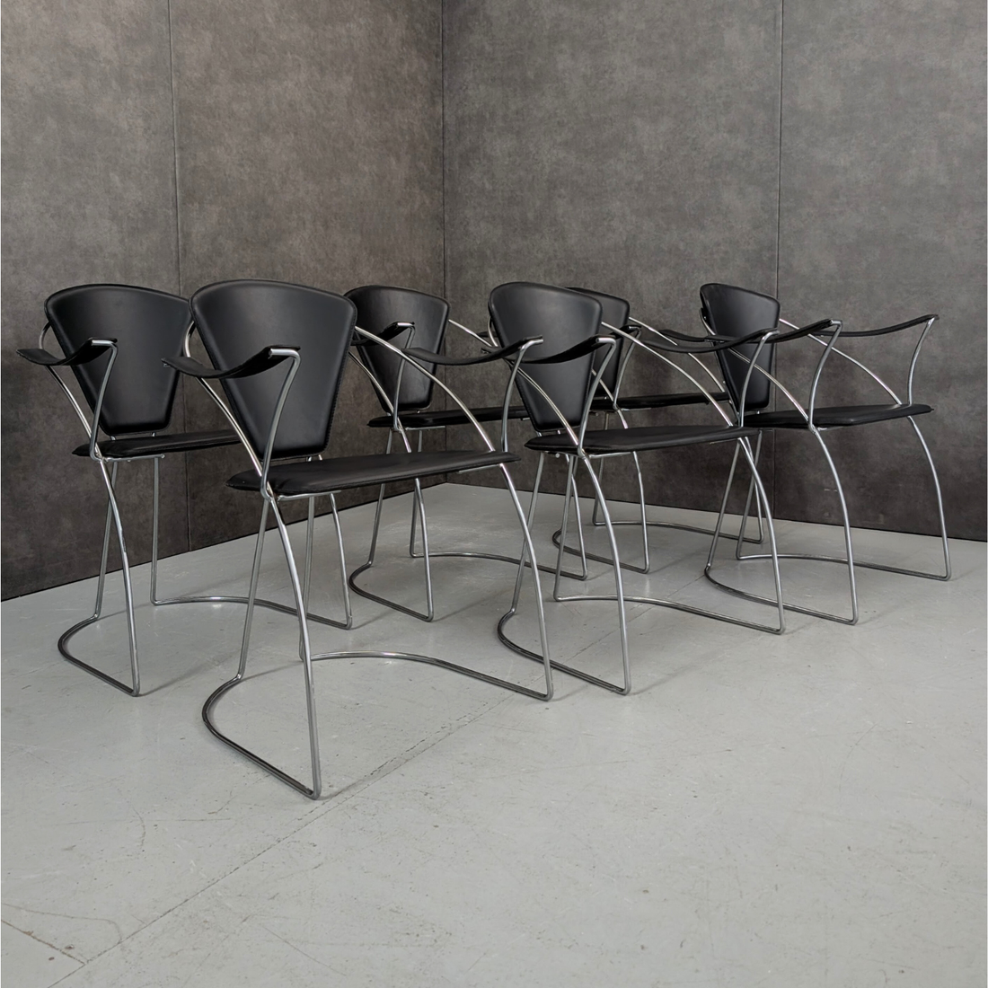 9 Italian 1980s Chrome and Black Leather Armchairs by Arrben