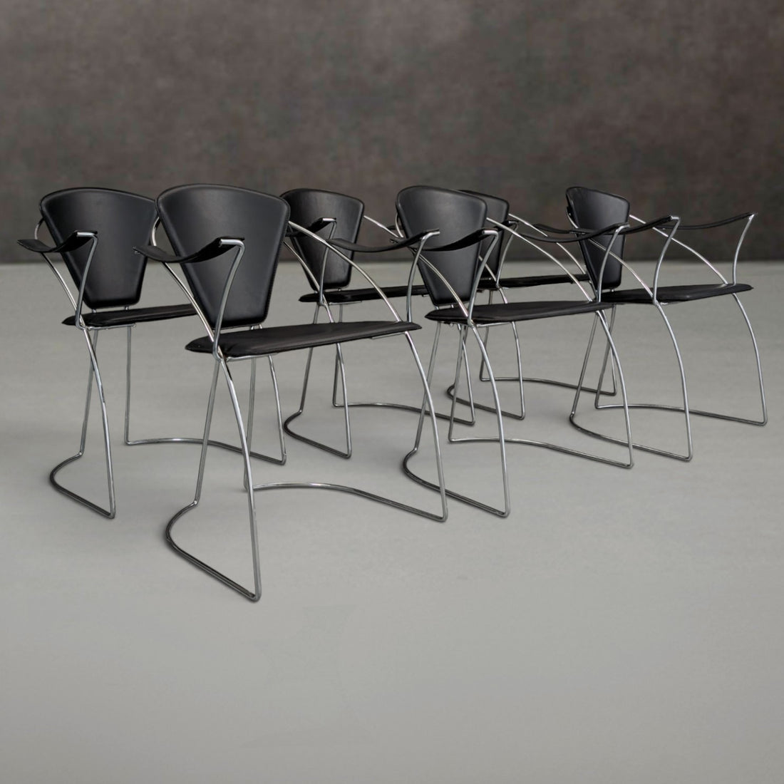 6 Italian 1980s Chrome and Black Leather Armchairs by Arrben