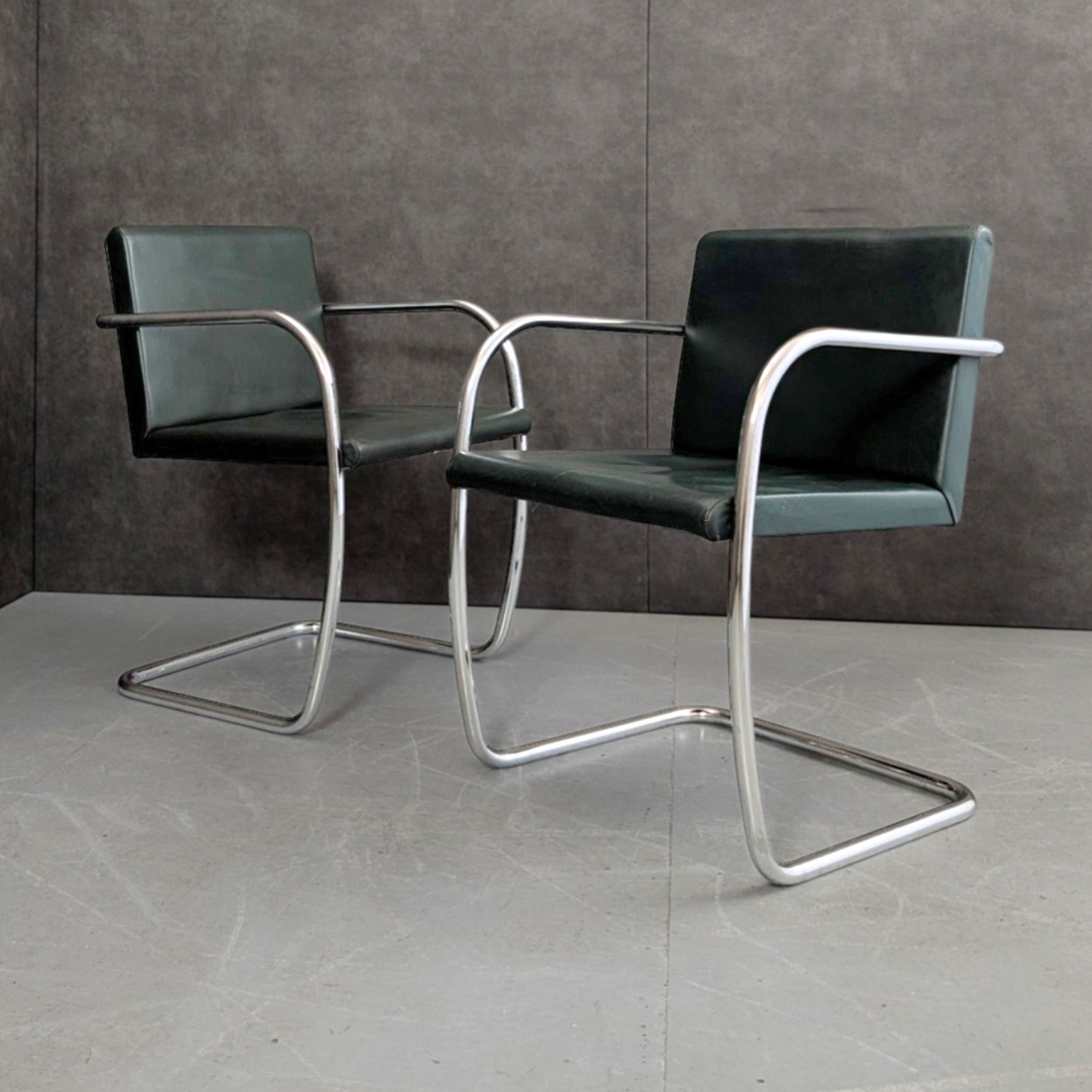Vintage Brno Style Tubular Steel Armchairs Green Leather