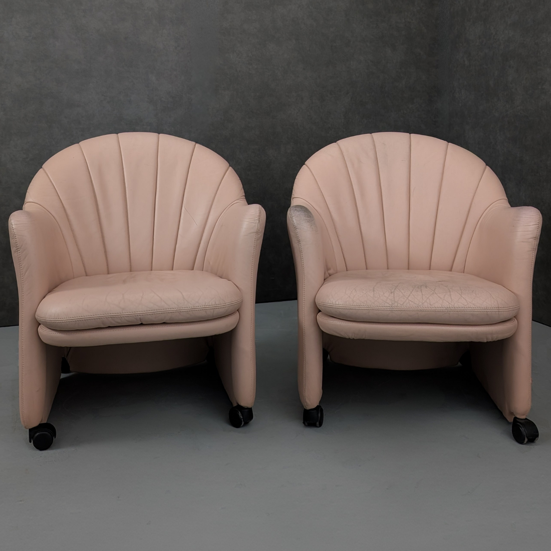 Late 1980s Leather Shell Back Club Chairs on Castors