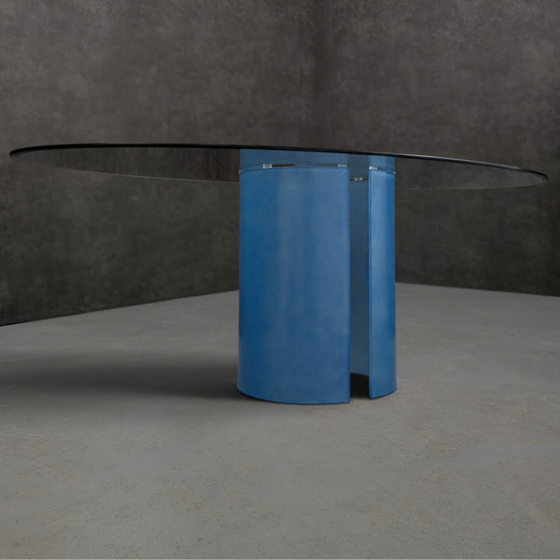 ON HOLD - 1980s Italian Glass Oval Dining Table with Frosted Blue Glass Pedestal