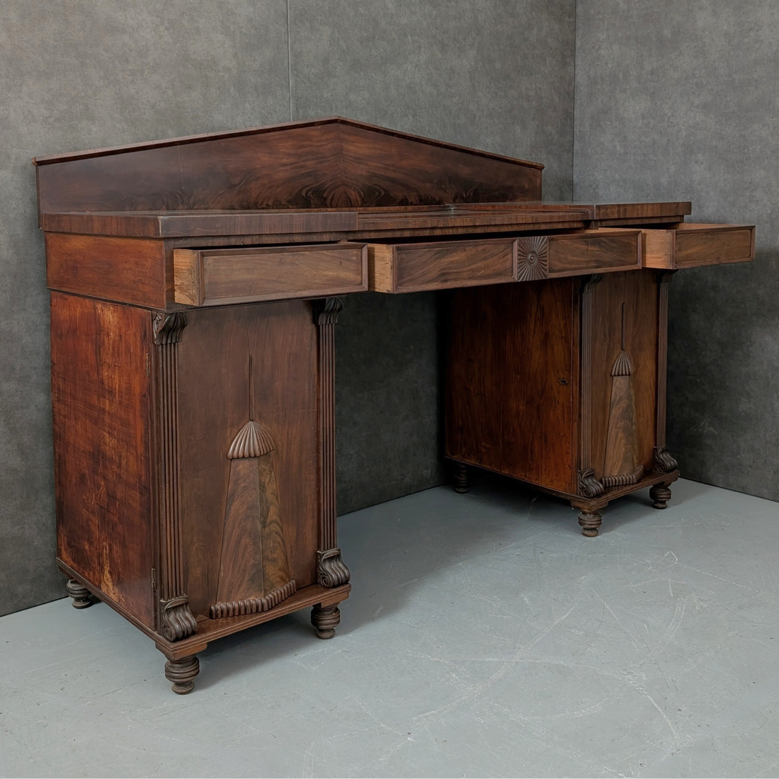 William IV Inverted Breakfront Double Pedestal Sideboard England, Circa 1830 Flame Mahogany