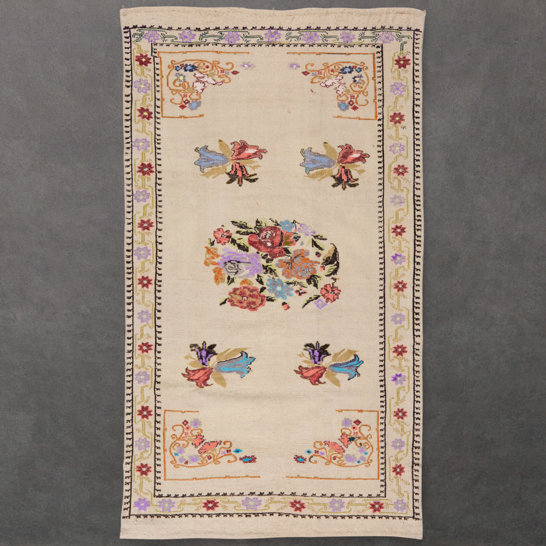 Decorative Turkish Kilim Rug | Handwoven Wool Embroidery