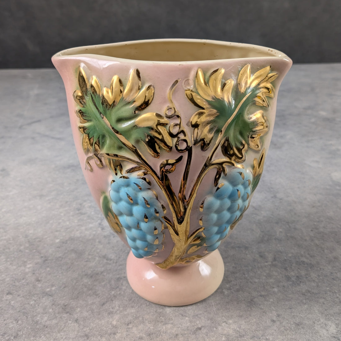 Kalmar Ceramic Vase Australia, Circa 1950s Pink Glaze, Relief Gilt and Enamel