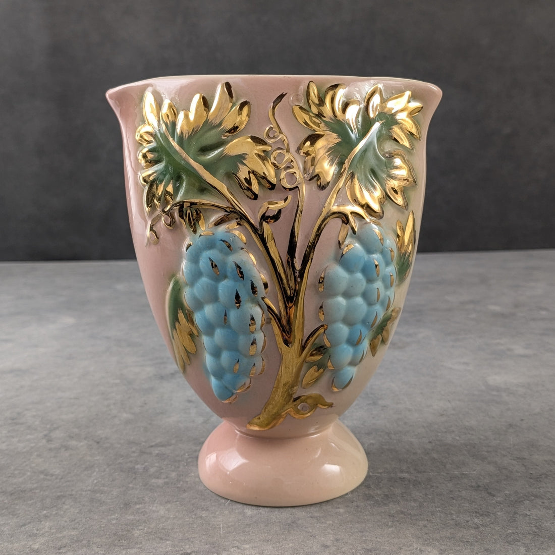 Kalmar Ceramic Vase Australia, Circa 1950s Pink Glaze, Relief Gilt and Enamel