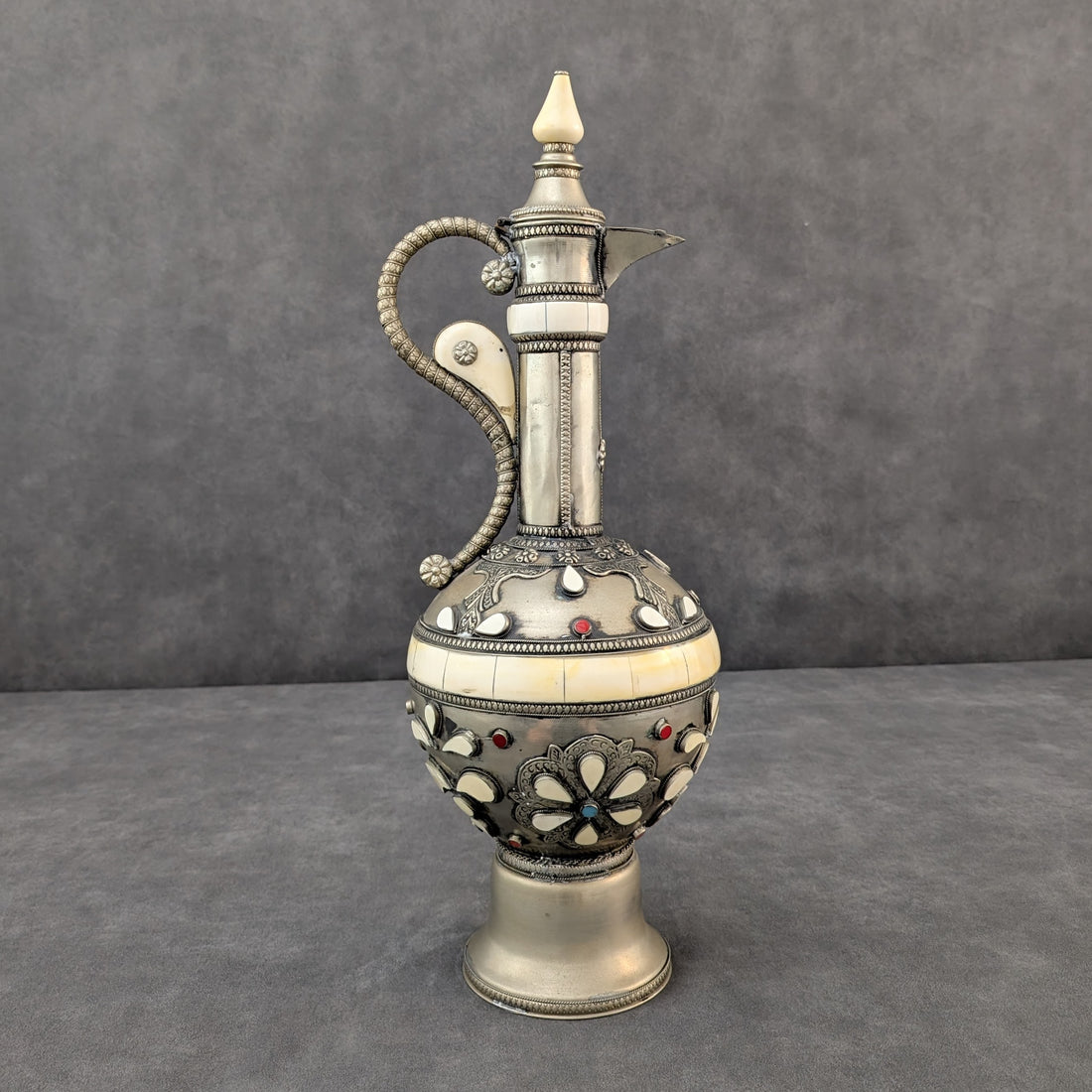 Nickel Silver Ewer | Bone Inlay with Coloured Cabochons