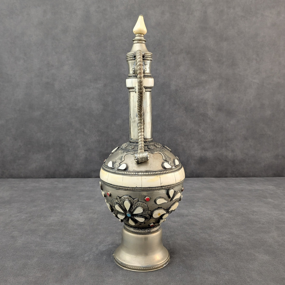 Nickel Silver Ewer | Bone Inlay with Coloured Cabochons