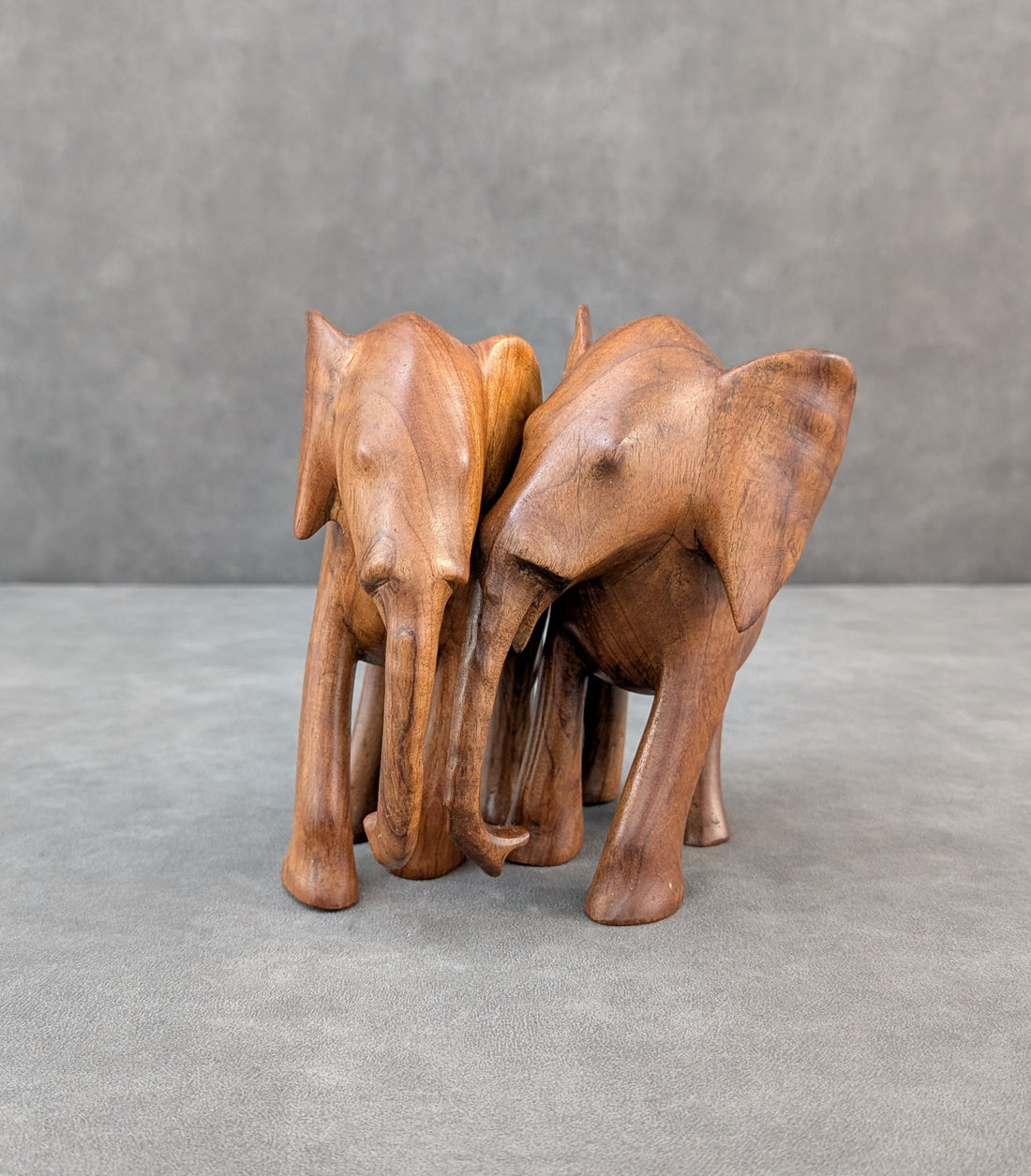 Hand Carved Elephant Sculptures | Mid Century Hardwood Pair