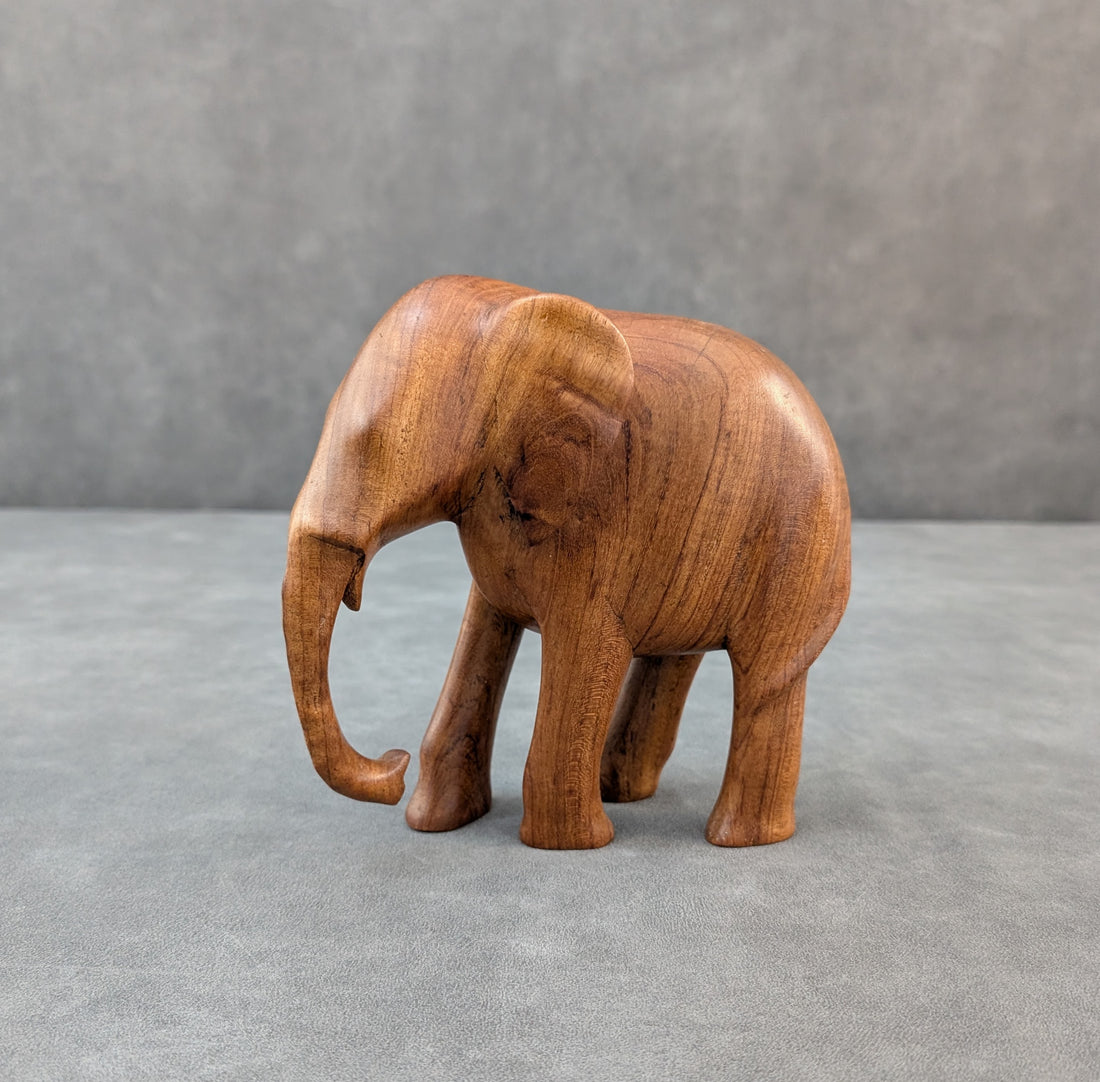 Hand Carved Elephant Sculptures | Mid Century Hardwood Pair