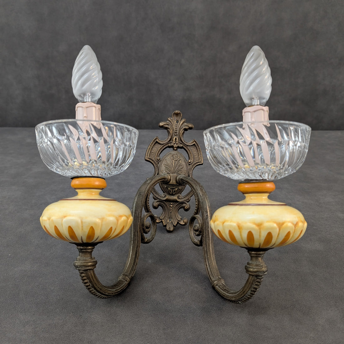 Early 20th Century Twin Arm Wall Light | Cast Metal and Cut Glass