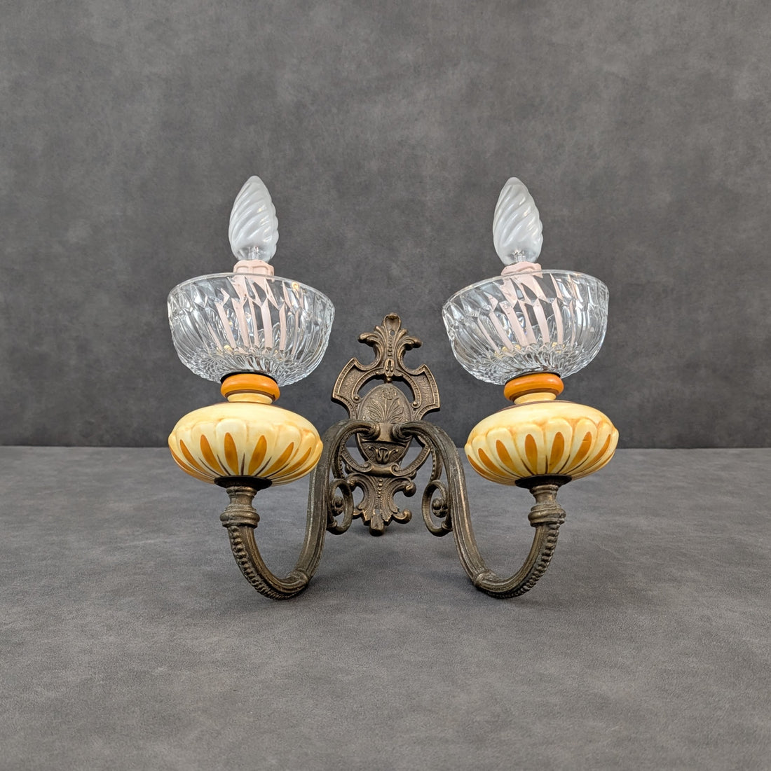 Early 20th Century Twin Arm Wall Light | Cast Metal and Cut Glass