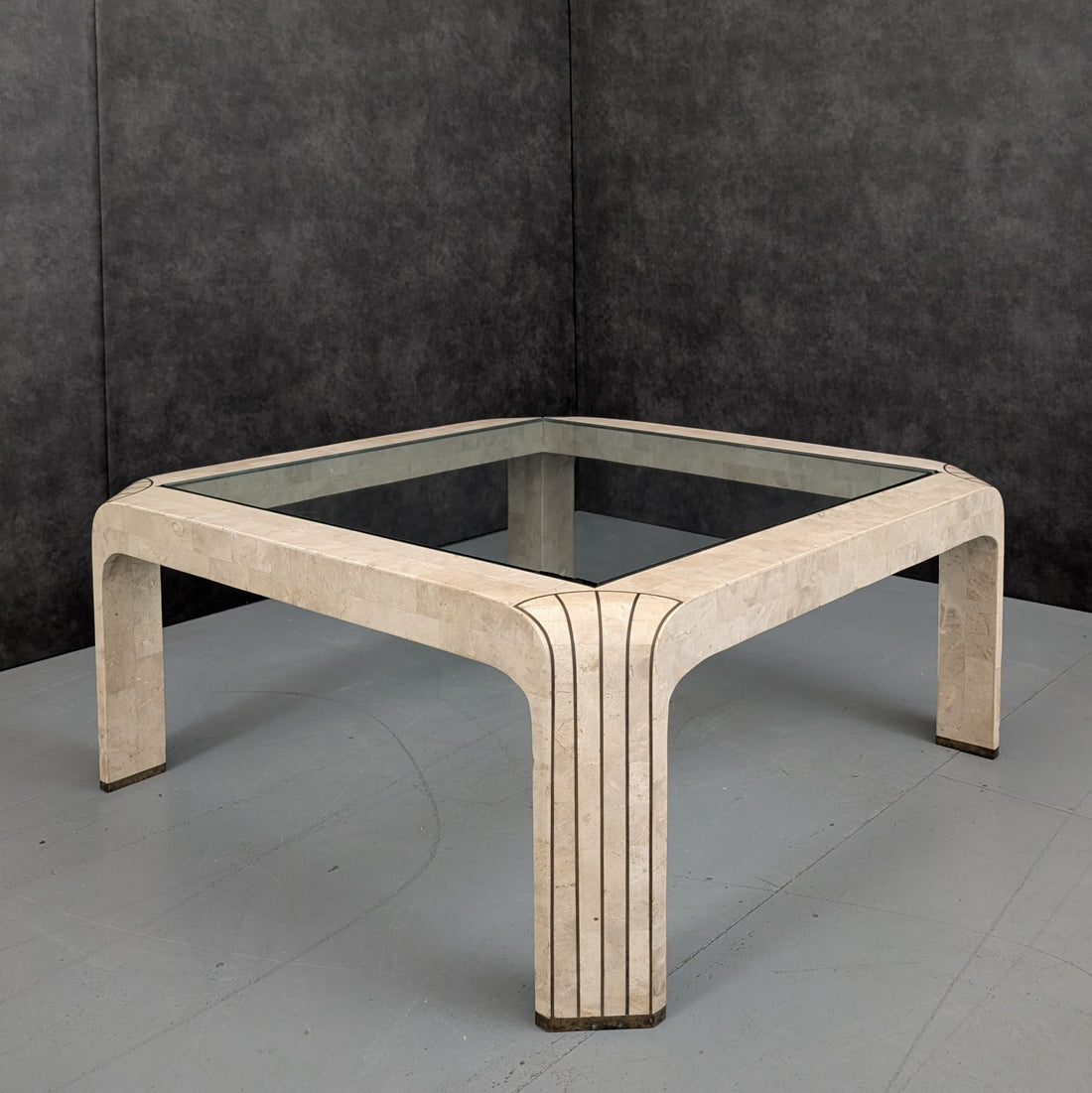 1980s American Neoclassical Revival Coffee Table | Maitland Smith Style Tessellated Stone & Bronze