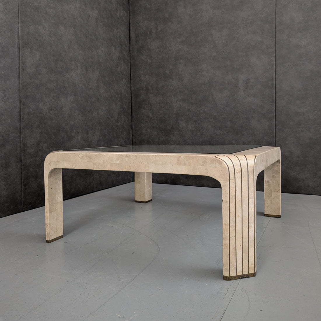 1980s American Neoclassical Revival Coffee Table | Maitland Smith Style Tessellated Stone & Bronze