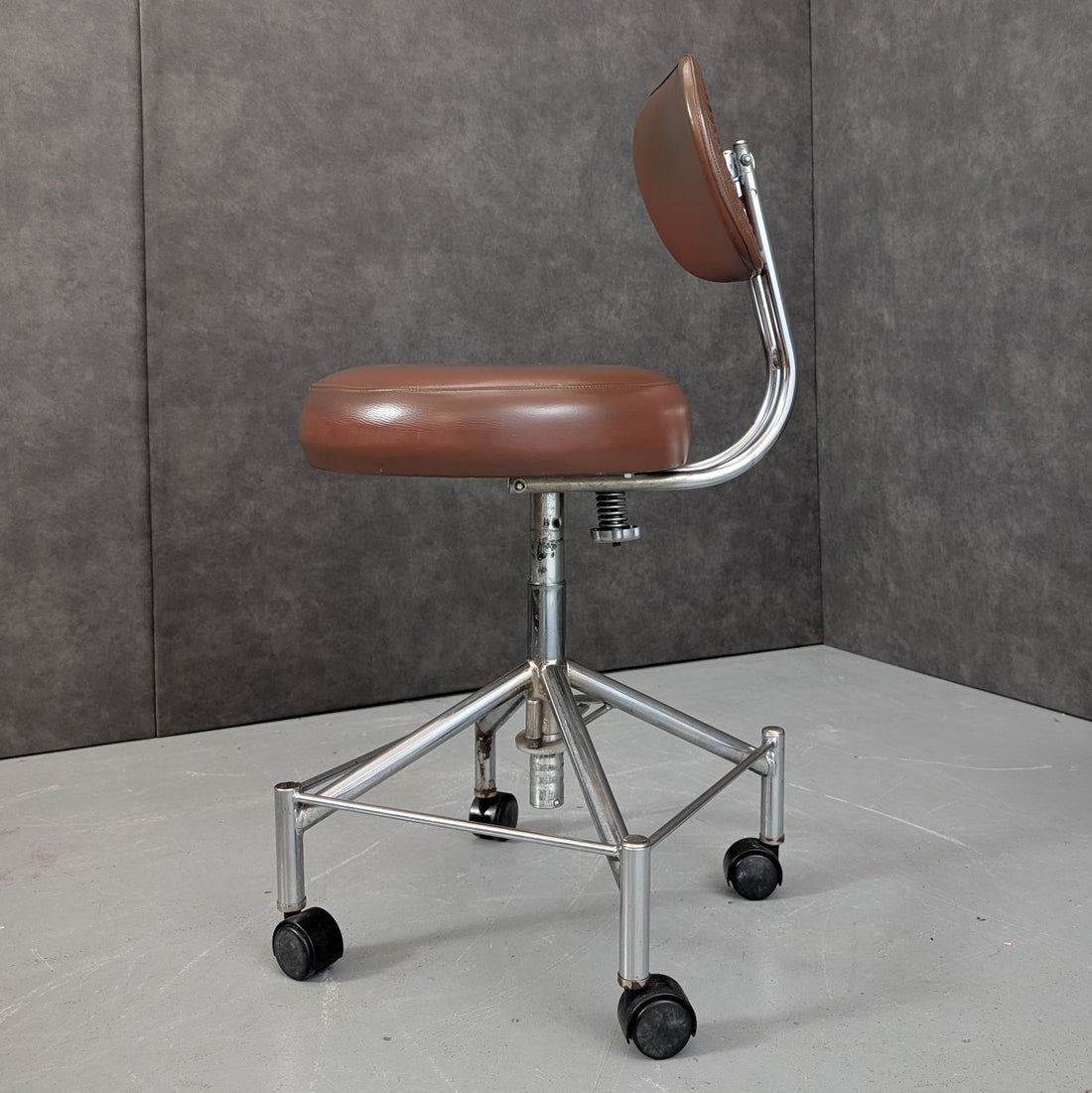 Industrial Vintage Dental Assistant Chair | Chrome and Brown Vinyl