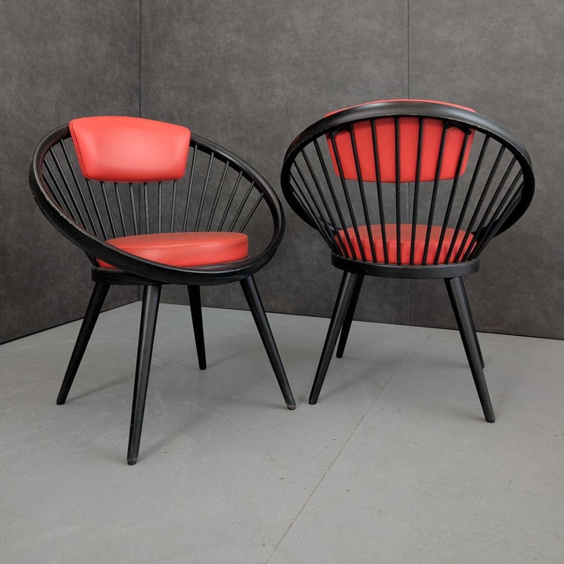 2 Circle Lounge Chairs 1970s by Yngve Ekström for Swedese Stained Beech and Red Leather Upholstery