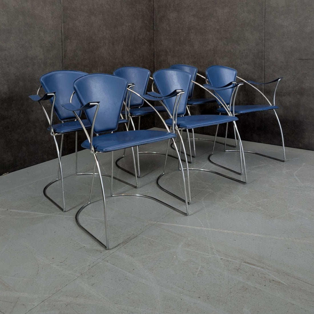 10 Italian 1980s Chrome And Blue Leather Armchairs By Arrben