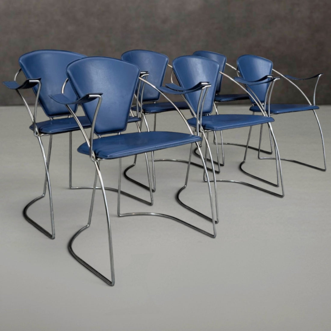 6 Italian 1980s Chrome And Blue Leather Armchairs By Arrben