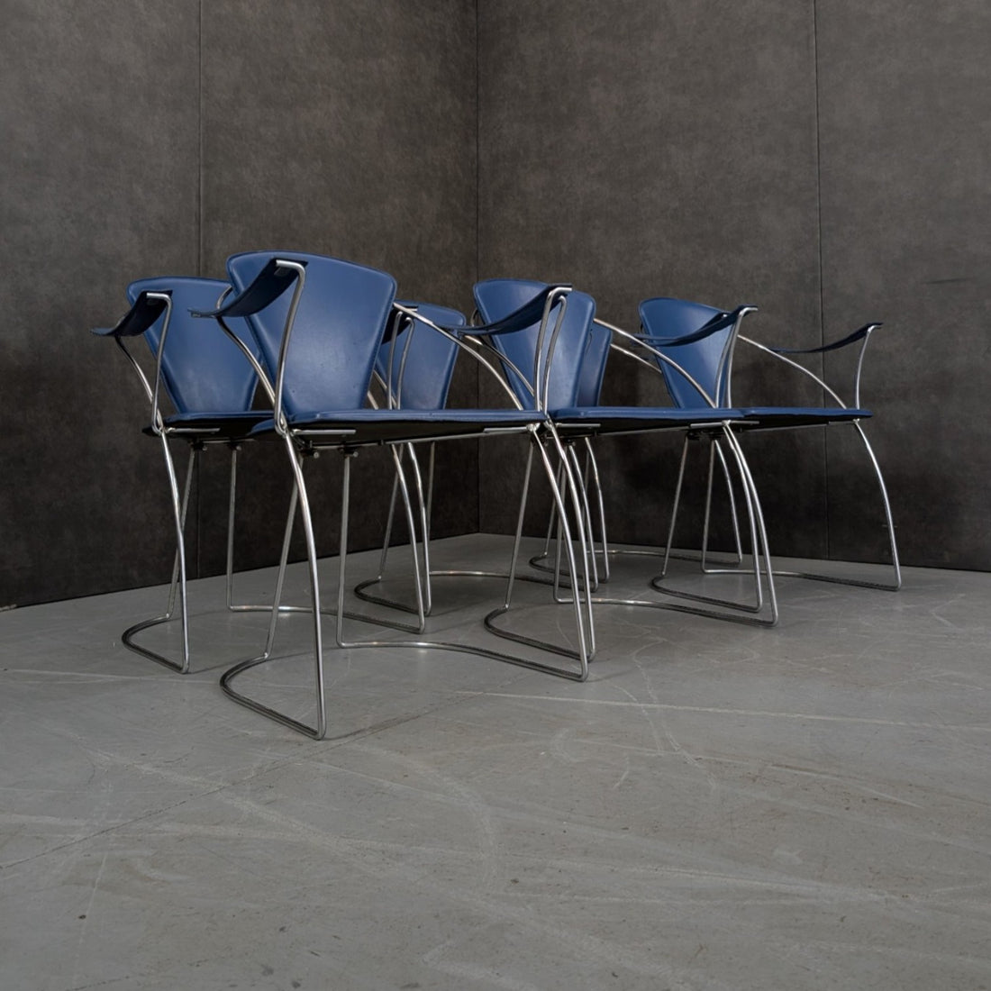 10 Italian 1980s Chrome And Blue Leather Armchairs By Arrben
