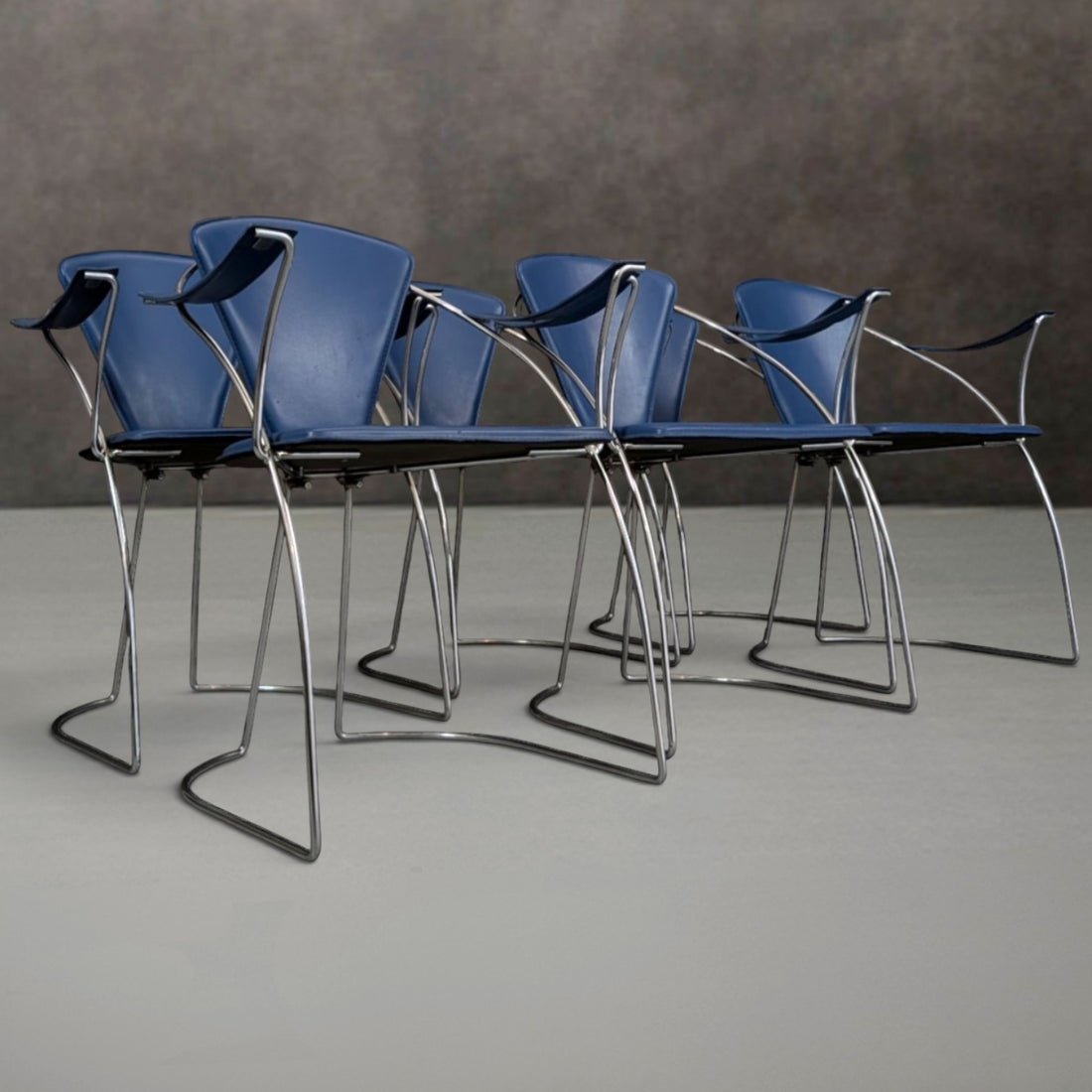 6 Italian 1980s Chrome And Blue Leather Armchairs By Arrben