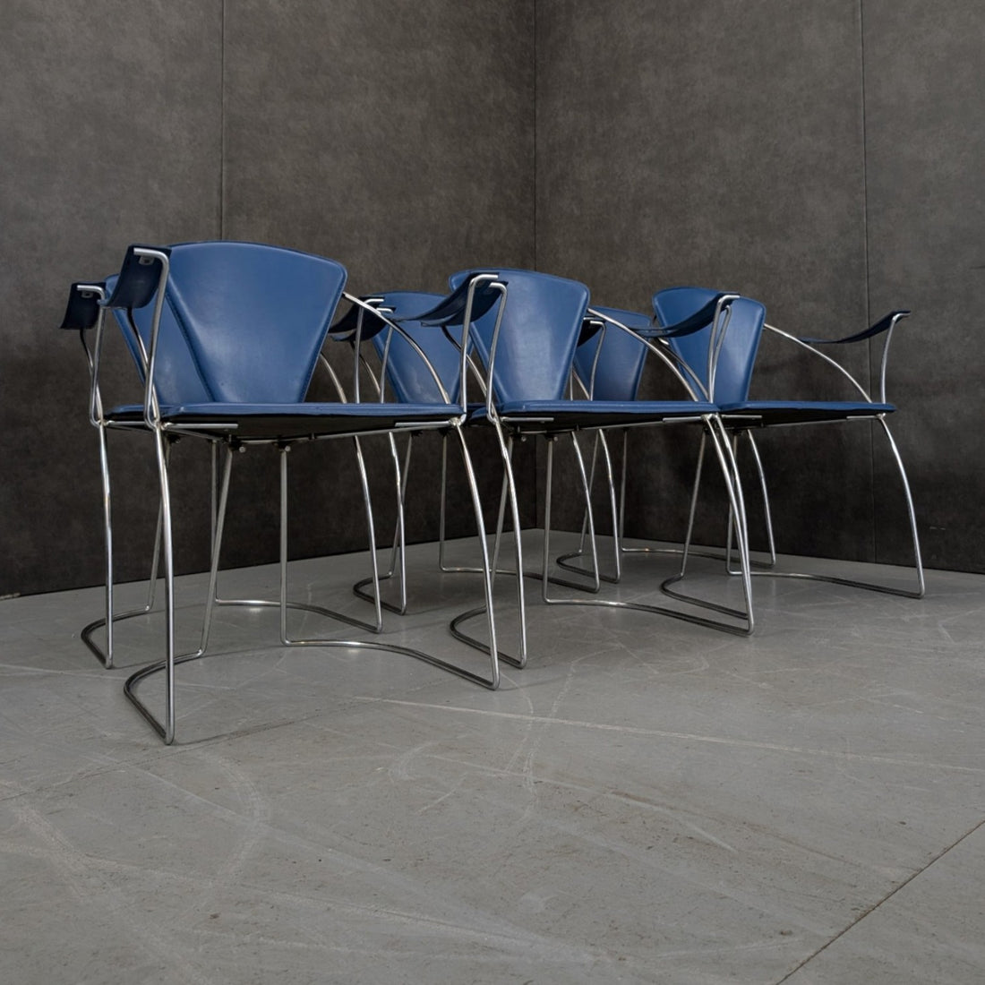 10 Italian 1980s Chrome And Blue Leather Armchairs By Arrben