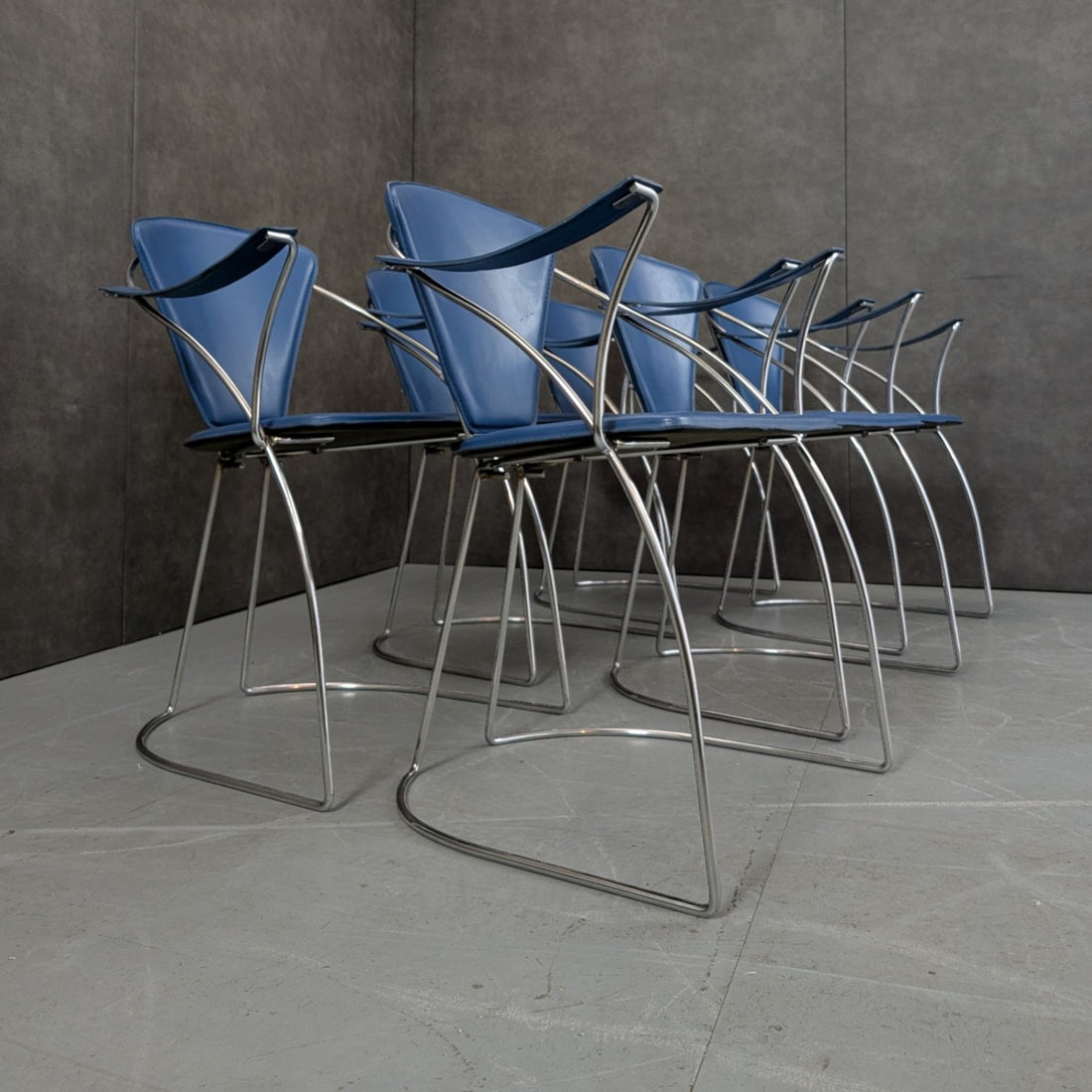 10 Italian 1980s Chrome And Blue Leather Armchairs By Arrben