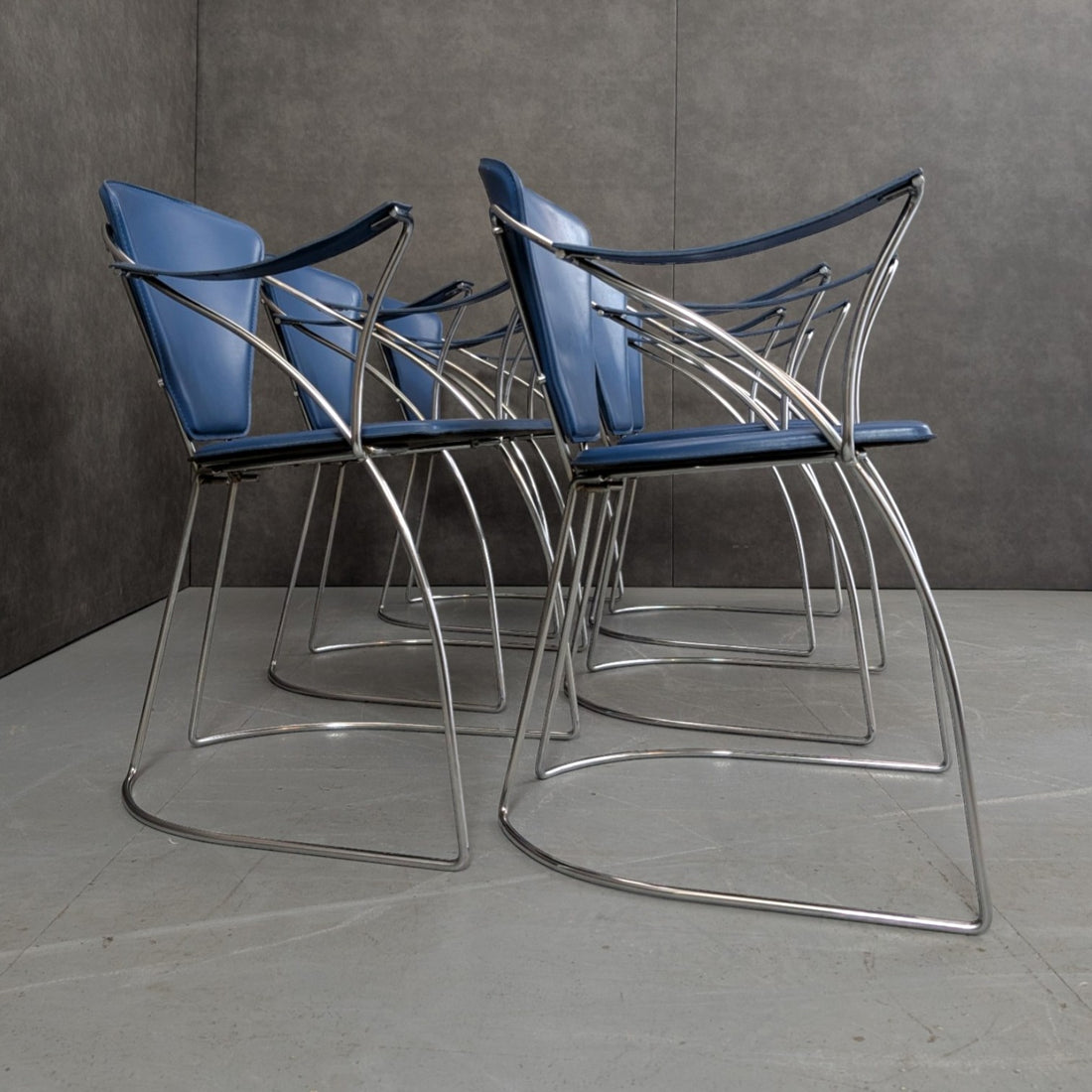 10 Italian 1980s Chrome And Blue Leather Armchairs By Arrben