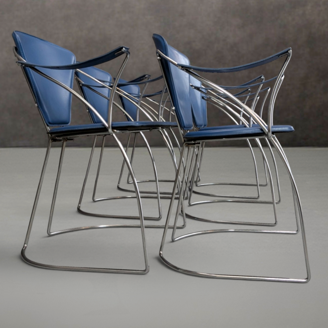6 Italian 1980s Chrome And Blue Leather Armchairs By Arrben