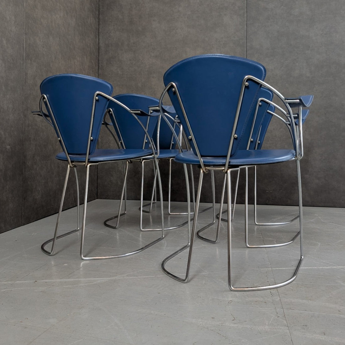 10 Italian 1980s Chrome And Blue Leather Armchairs By Arrben