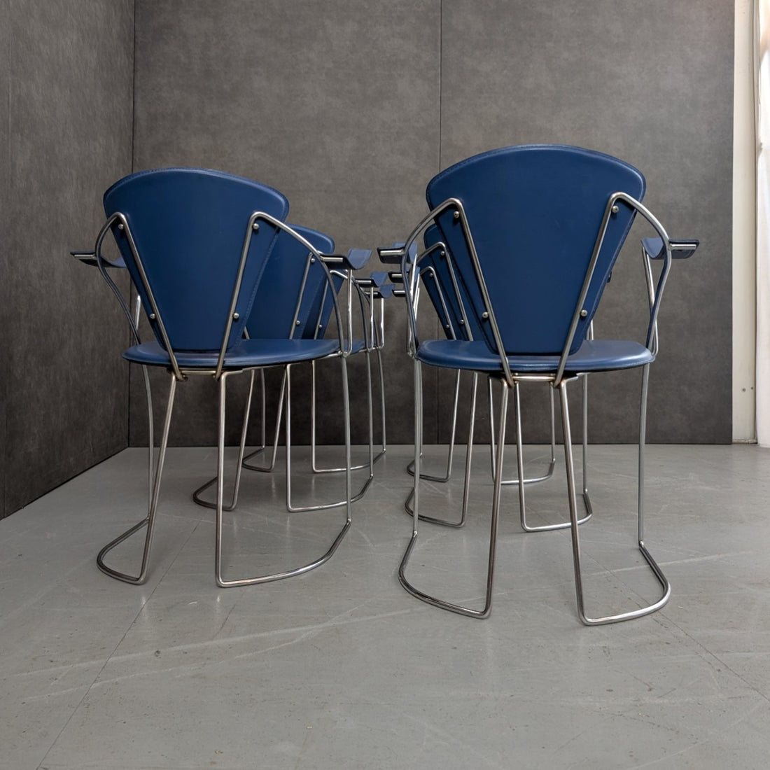 10 Italian 1980s Chrome And Blue Leather Armchairs By Arrben