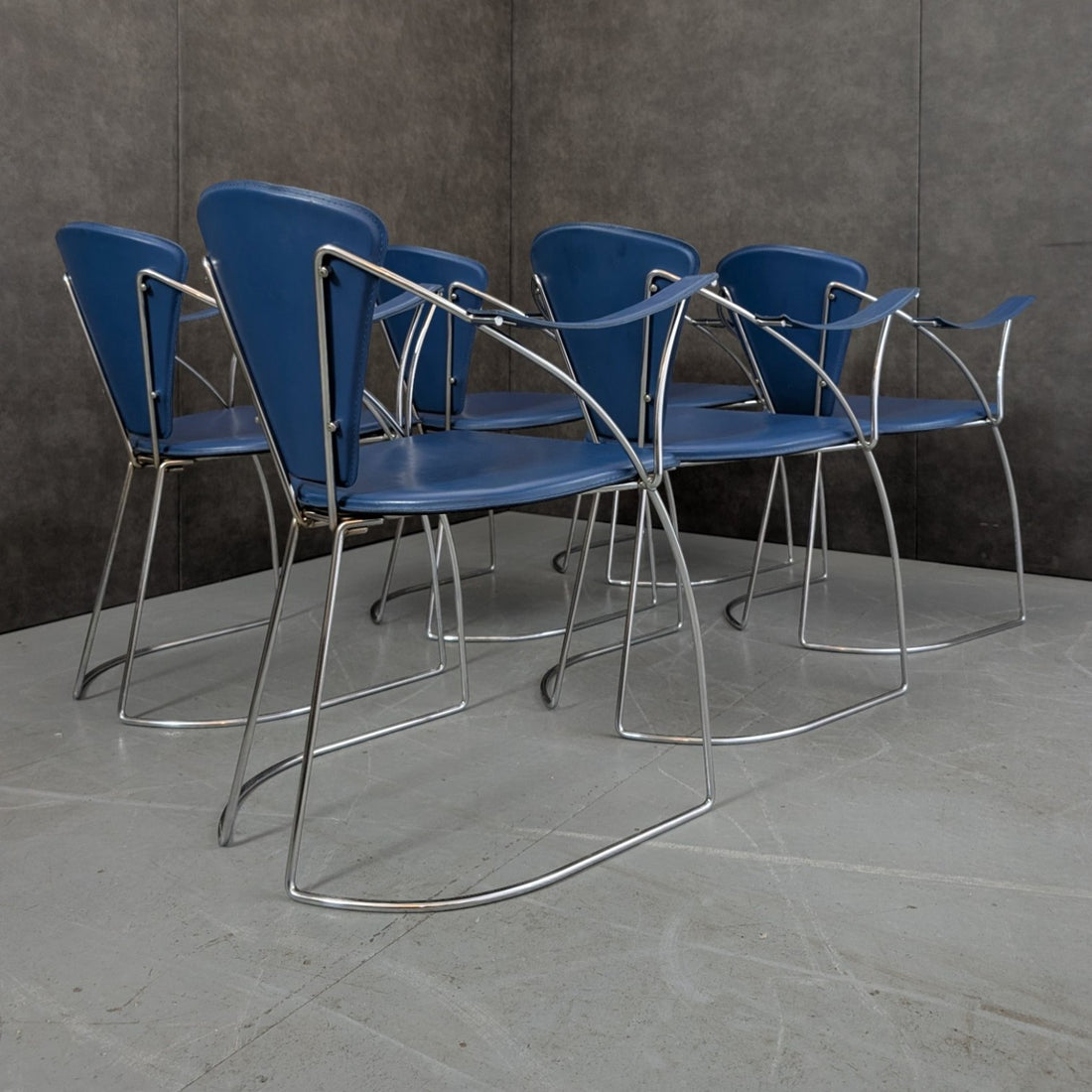 10 Italian 1980s Chrome And Blue Leather Armchairs By Arrben