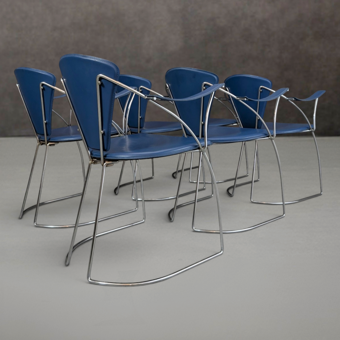 6 Italian 1980s Chrome And Blue Leather Armchairs By Arrben