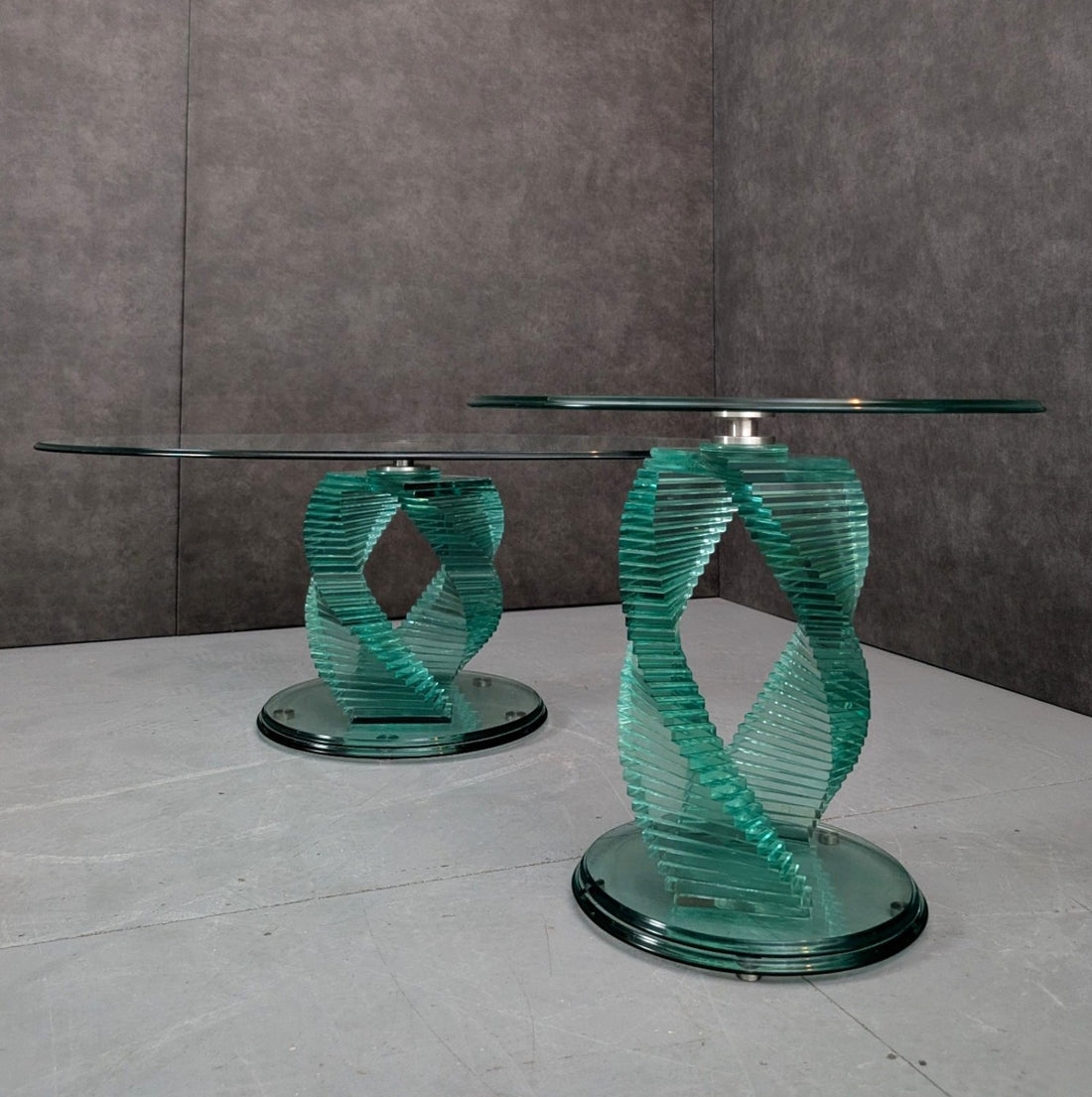 Circa 1980 Vintage Danny Lane Style Double Helix Glass Coffee Table